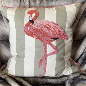 All Feather Fluffy Beaded Pink Flamingo Cotton Pillow Excellent Condition